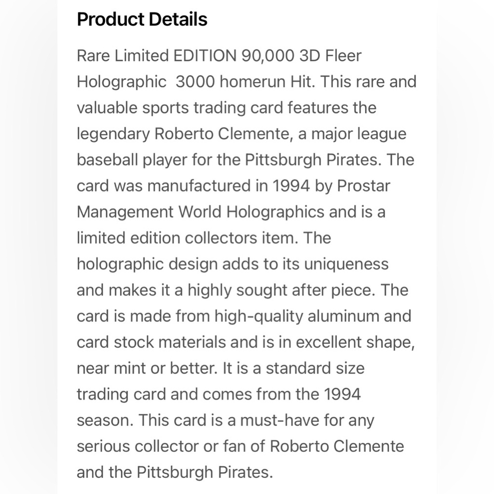 Limited Edition ⚾️ FLEER 90,000 3D Holographic 3000 Hit ROBERTO CLEMENTE Card - Picture 3 of 5